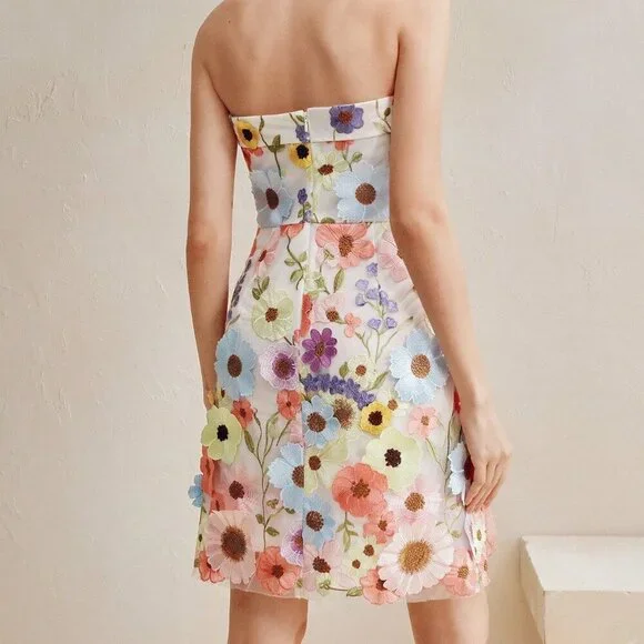 Pink Boho Women's 3d Floral Embroidered Mesh Bandeau Mini Dress - Picture 2 of 7